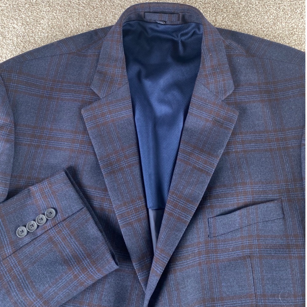 Jos A Bank Traveler Cool Motion Blazer Mens 48R Tailored Navy Plaid Wool Stretch